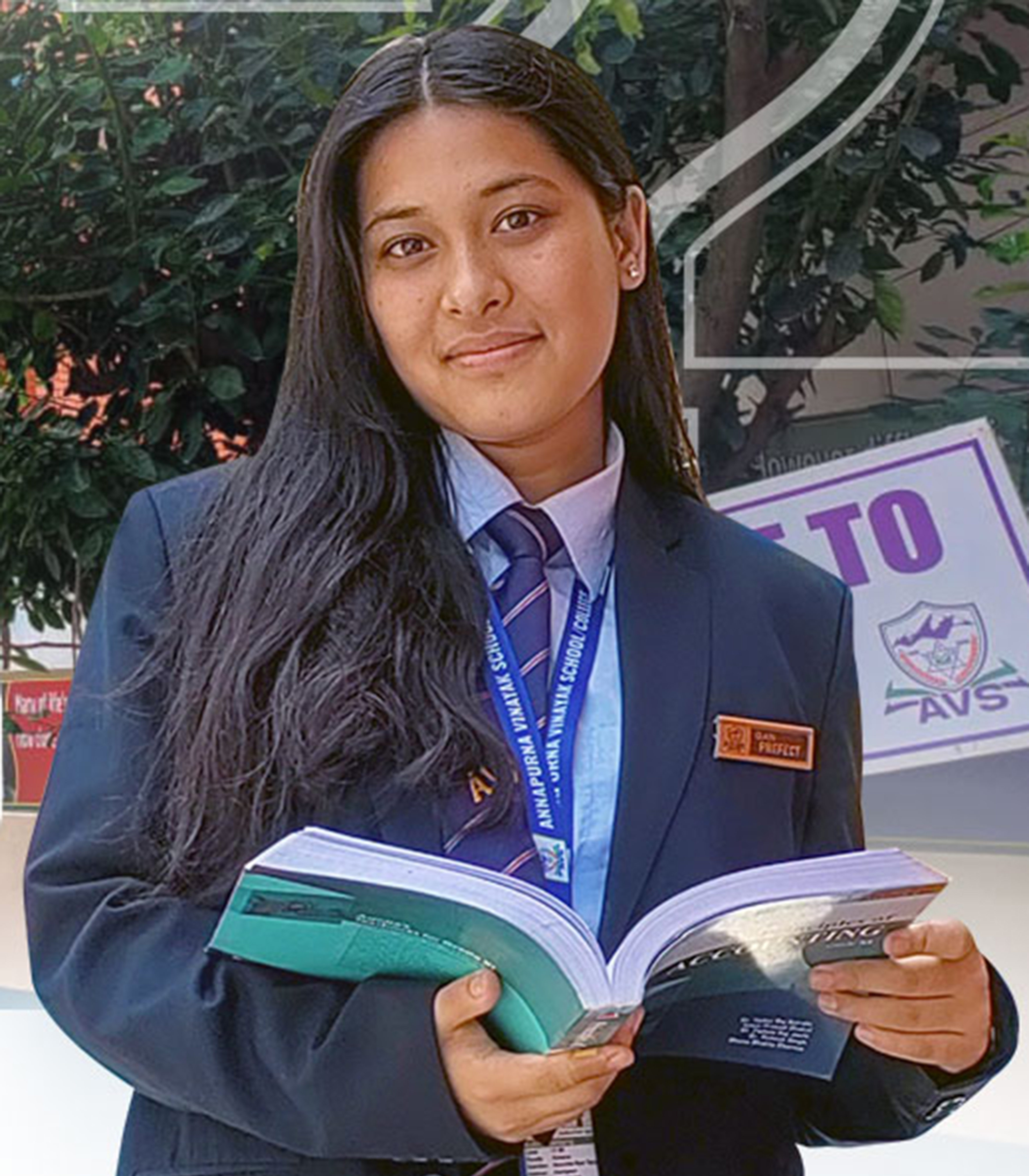 Group of students and teacher posing thumbs up in front of radio station banner